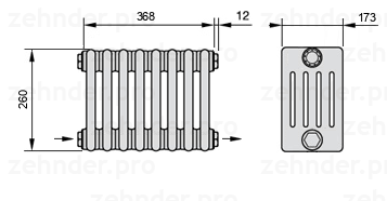 Схема (чертеж) Радиатор Zehnder Charleston 5026/8 №2670 Белый глянцевый RAL 9016